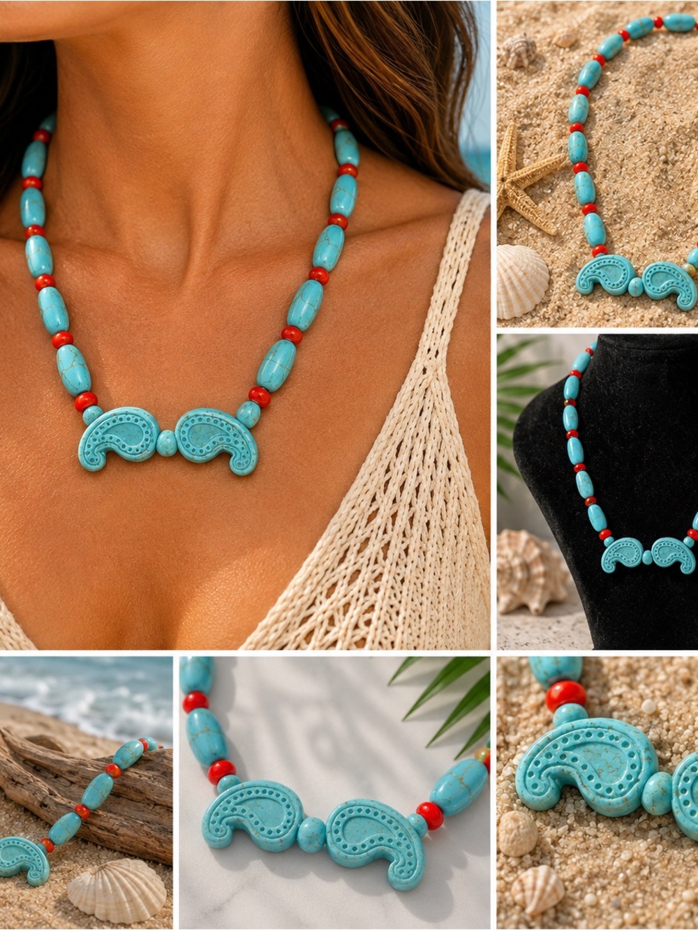 Turquoise and Red Beaded Statement Necklace - Women Jewelry